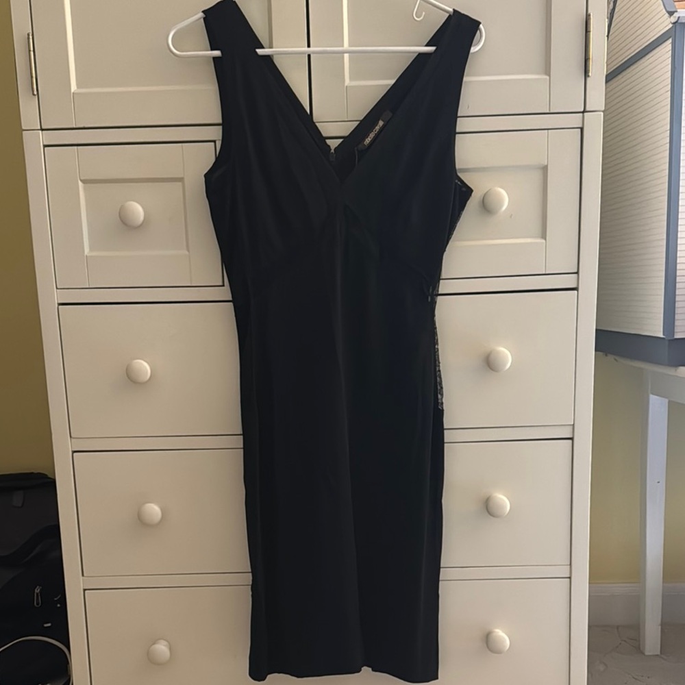 Roberto Cavalli Black Sheath Knee Length Dress V-Neck